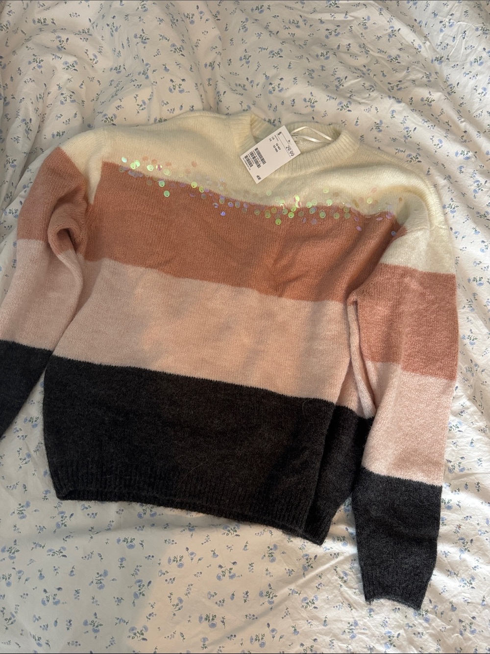H&M Striped Sequin Accent Crewneck Sweater - Cream, Peach & Charcoal